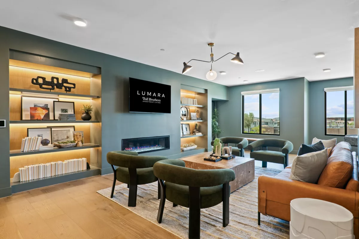 Living room with hardwood floors, fireplace, built-in shelves, and modern furniture.
