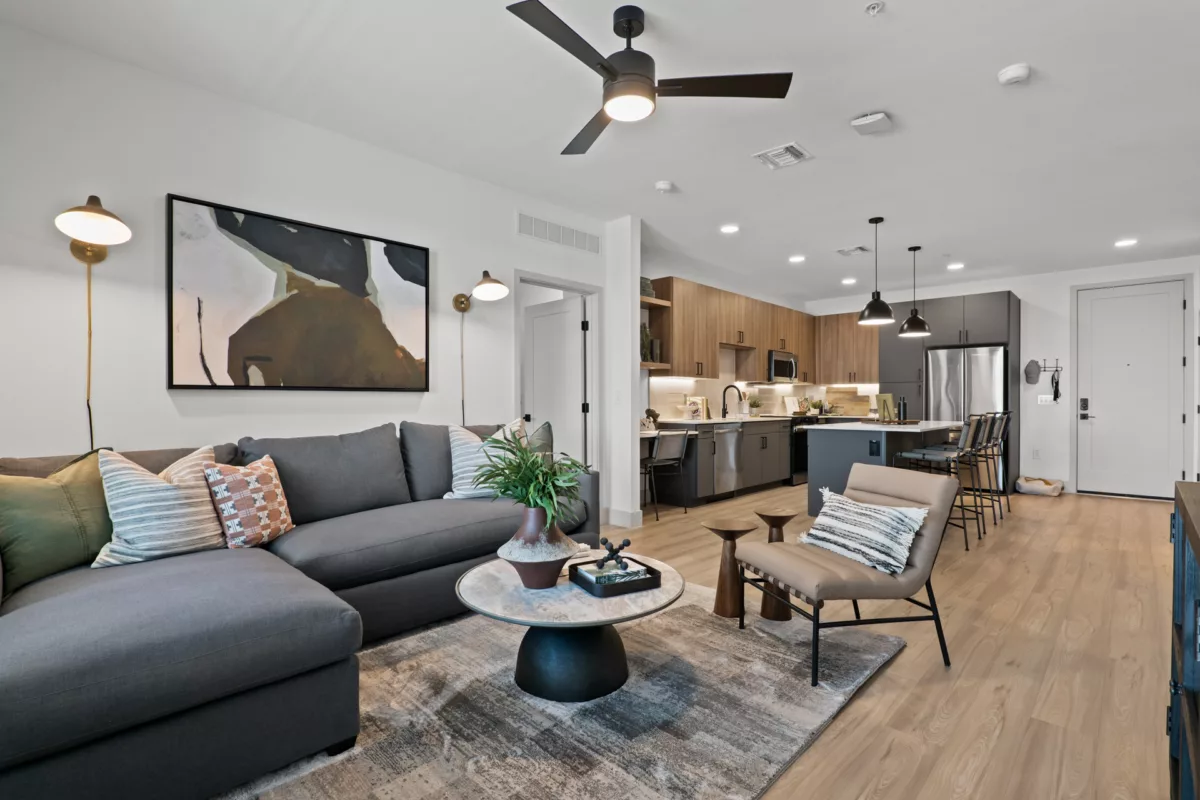 Open concept living area with gray sofa, kitchen with stainless steel appliances, and wood floors.