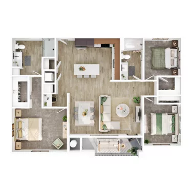 Rendering of the C1 floor plan with 3 bedroom[s] and 2 bathroom[s] at Lumara