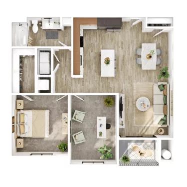 Rendering of the B4 floor plan with 1 bedroom[s] and 1 bathroom[s] at Lumara