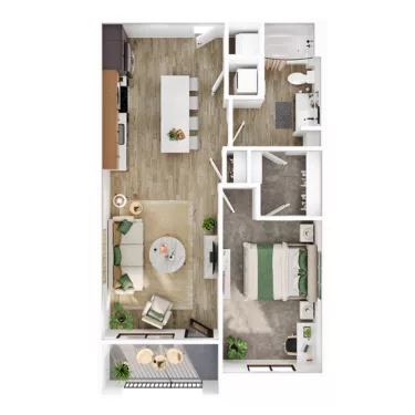 Rendering of the A1 floor plan with 1 bedroom[s] and 1 bathroom[s] at Lumara