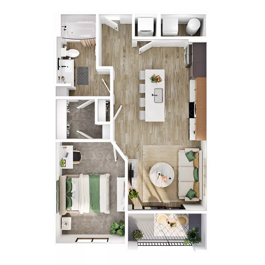 Rendering of the A2 floor plan with 1 bedroom[s] and 1 bathroom[s] at Lumara