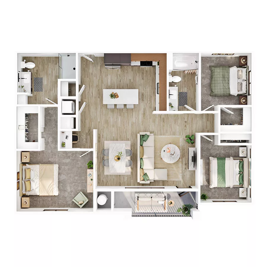 Rendering of the C1 floor plan with 3 bedroom[s] and 2 bathroom[s] at Lumara