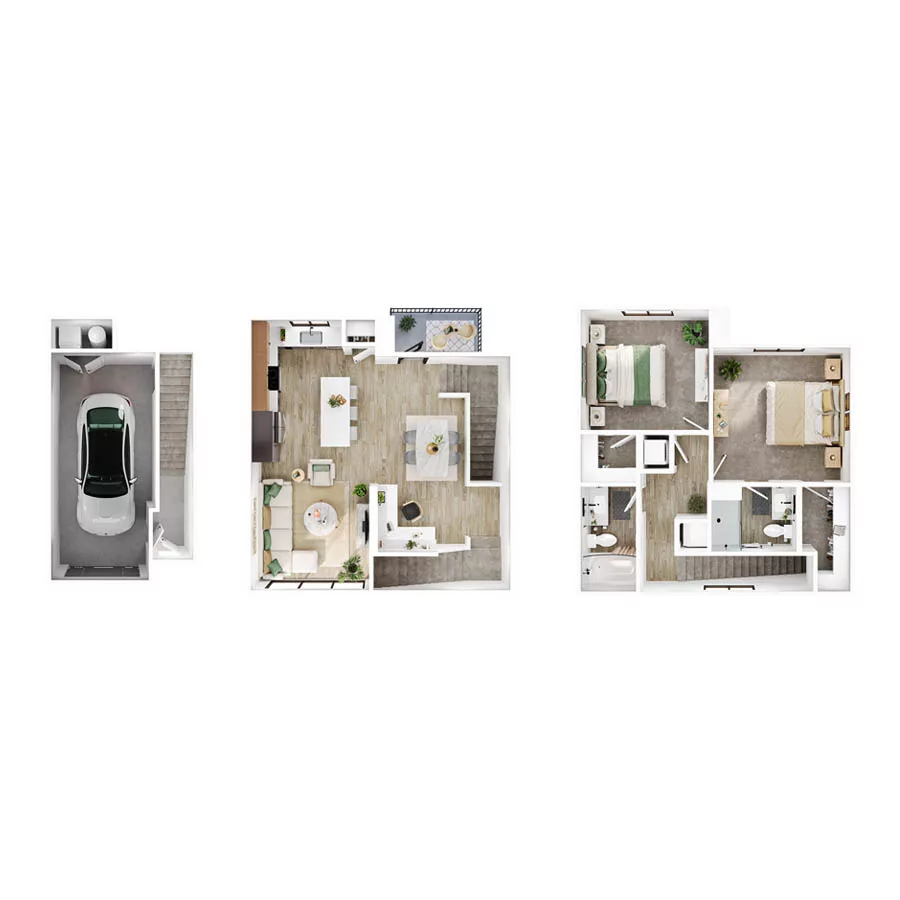 Rendering of the B3 floor plan with 2 bedroom[s] and 2 bathroom[s] at Lumara