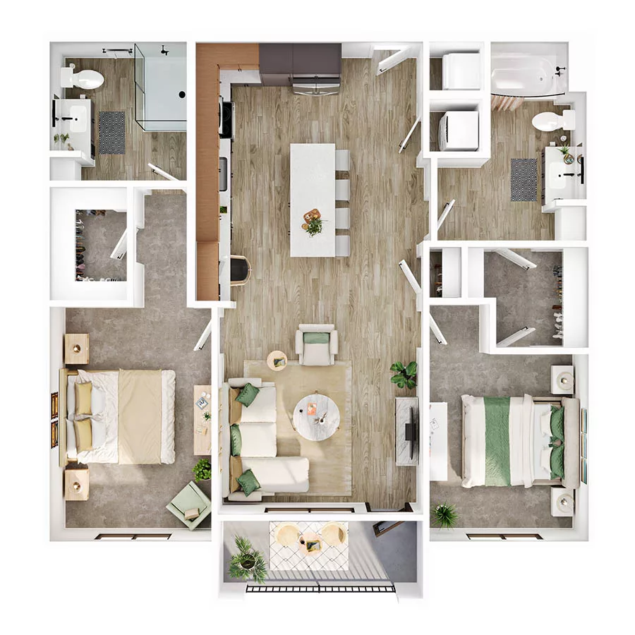 Rendering of the B2 ANSI floor plan with 2 bedroom[s] and 2 bathroom[s] at Lumara