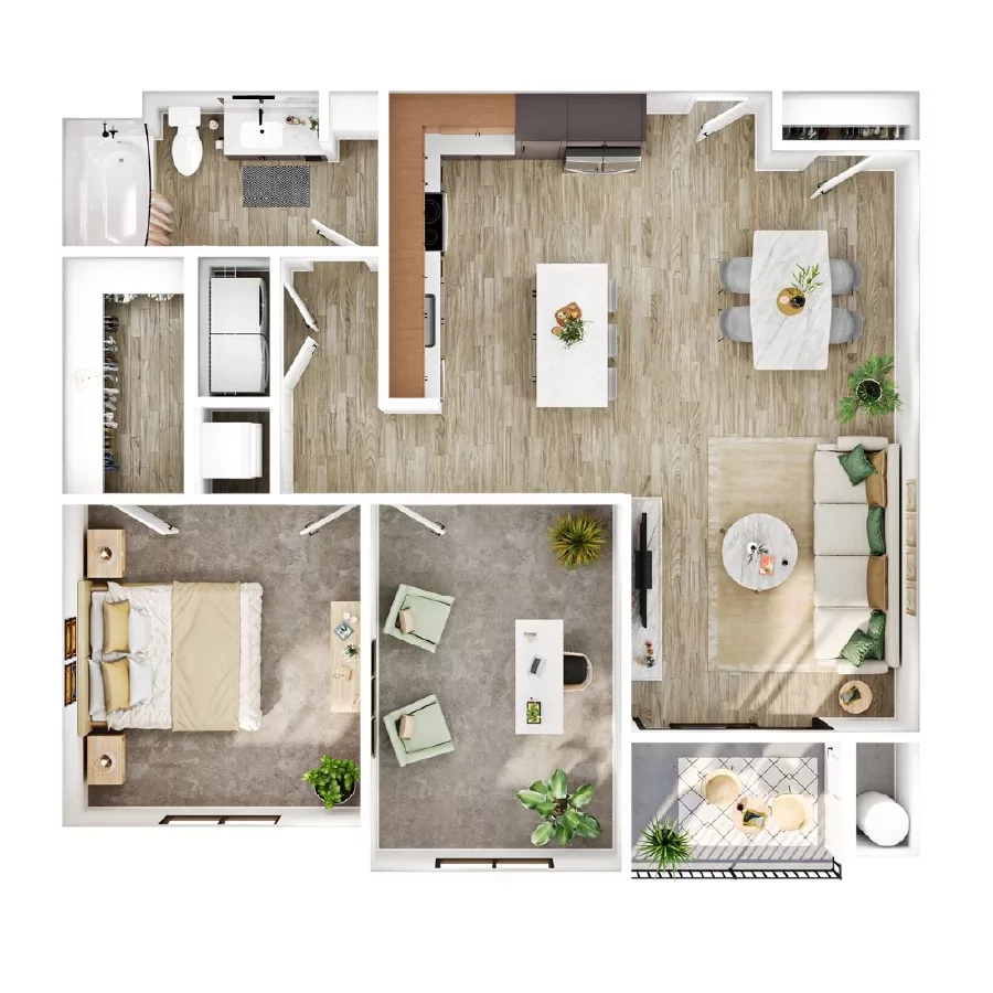 Rendering of the B4 floor plan with 1 bedroom[s] and 1 bathroom[s] at Lumara