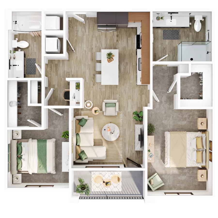 Rendering of the B1 floor plan with 2 bedroom[s] and 2 bathroom[s] at Lumara