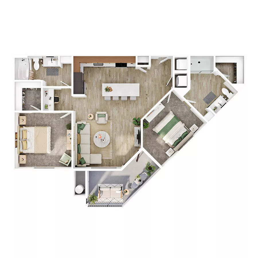 Top-down view of a modern two-bedroom apartment layout with kitchen, living area, and balcony