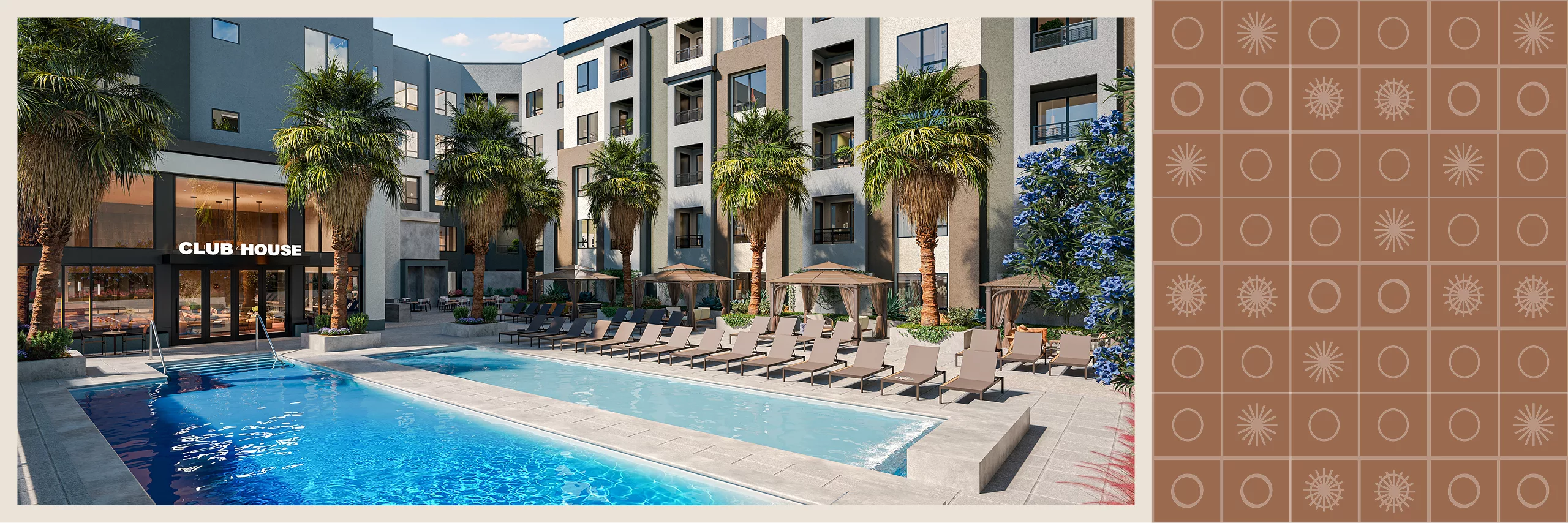 Courtyard pool with palm trees, lounge chairs, and clubhouse entrance