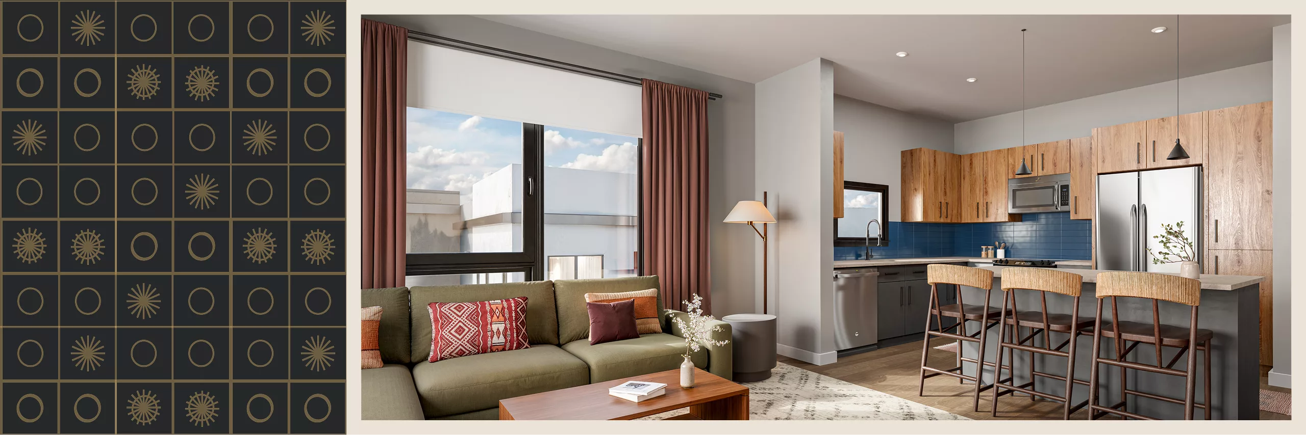 Cozy seating area with green sectional, wood table, and large windows with black pattern to the left of the image