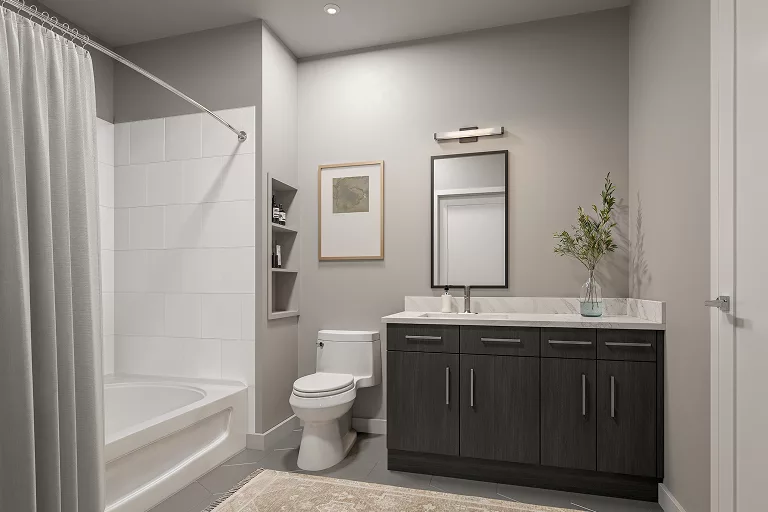 Modern bathroom with dark vanity, white bathtub, and neutral décor