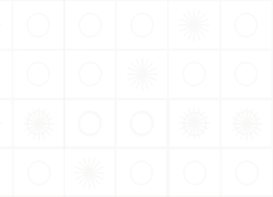 Grid of circles and radial patterns on black background in white line art