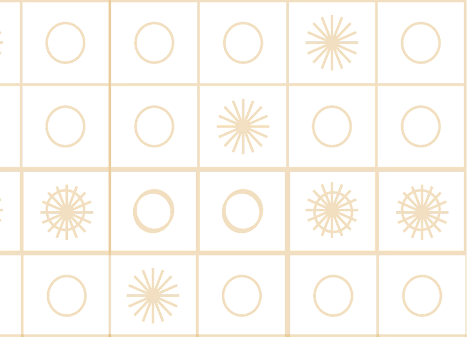 Grid of circles and radial patterns on black background in yellow line art