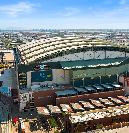 Aerial view of Chase Field stadium with retractable roof structure