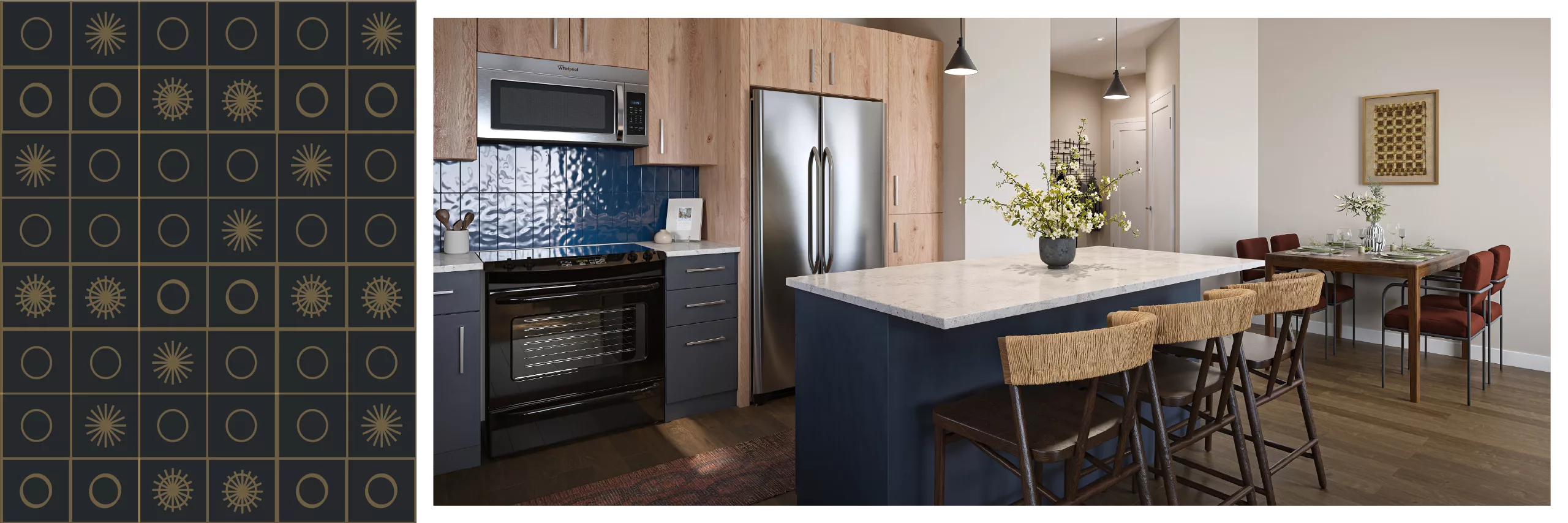 A gold pattern of a grid with circles and sunbursts on the left, with a photo of an apartment kitchen on the right.