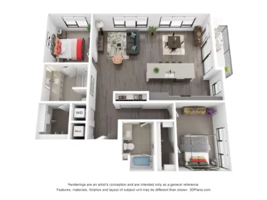 Rendering of the B12 floor plan with 2 bedroom[s] and 2 bathroom[s] at Rafferty