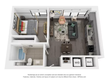 Rendering of the A1 floor plan with 1 bedroom[s] and 1 bathroom[s] at Rafferty