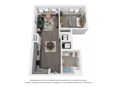 Rendering of the A2 floor plan with 1 bedroom[s] and 1 bathroom[s] at Rafferty