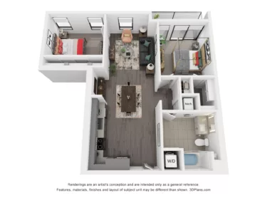 Rendering of the P2-B1 floor plan with 2 bedroom[s] and 1 bathroom[s] at Rafferty