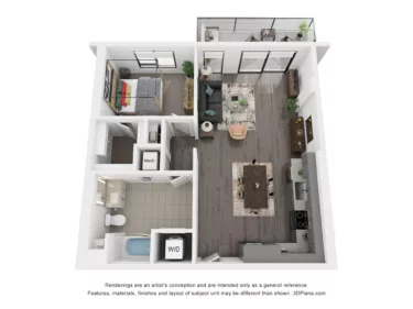Rendering of the A3 floor plan with 1 bedroom[s] and 1 bathroom[s] at Rafferty