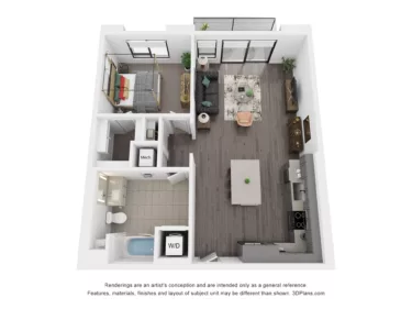 Rendering of the A7 floor plan with 1 bedroom[s] and 1 bathroom[s] at Rafferty