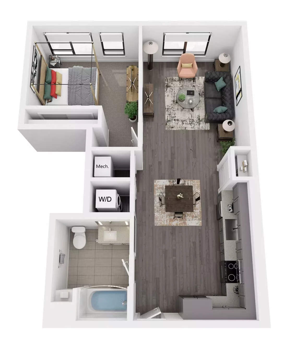 3D floor plan of a one-bedroom apartment with open kitchen, living, and dining area.