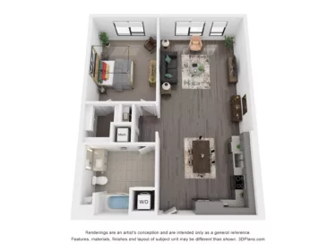 Rendering of the A17 floor plan with 1 bedroom[s] and 1 bathroom[s] at Rafferty
