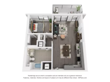 Rendering of the A11 floor plan with 1 bedroom[s] and 1 bathroom[s] at Rafferty