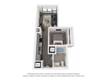 Rendering of the S3 floor plan with a Studio bedroom and 1 bathroom[s] at Rafferty