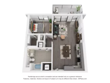 Rendering of the A11 floor plan with 1 bedroom[s] and 1 bathroom[s] at Rafferty