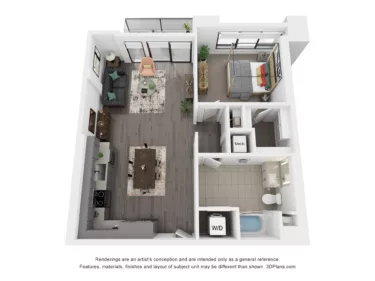Rendering of the A8 floor plan with 1 bedroom[s] and 1 bathroom[s] at Rafferty