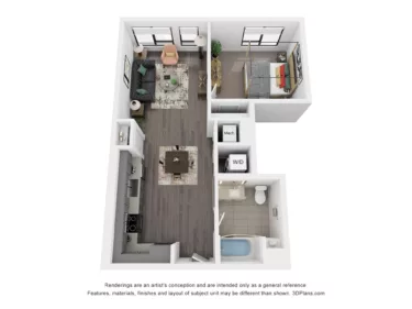 Rendering of the A2 floor plan with 1 bedroom[s] and 1 bathroom[s] at Rafferty