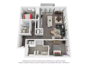 Rendering of the B9 floor plan with 2 bedroom[s] and 2 bathroom[s] at Rafferty