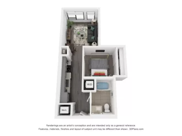 Rendering of the S2 floor plan with a Studio bedroom and 1 bathroom[s] at Rafferty