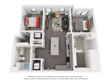 Rendering of the B1 floor plan with 2 bedroom[s] and 2 bathroom[s] at Rafferty