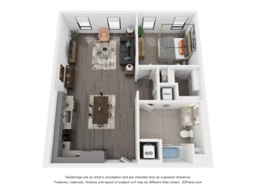 Rendering of the A9 floor plan with 1 bedroom[s] and 1 bathroom[s] at Rafferty