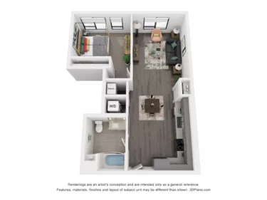 Rendering of the A4 floor plan with 1 bedroom[s] and 1 bathroom[s] at Rafferty