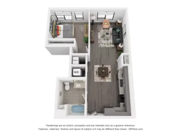 Rendering of the A4 floor plan with 1 bedroom[s] and 1 bathroom[s] at Rafferty