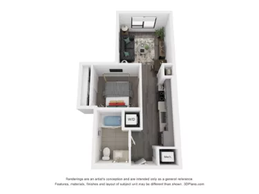 Rendering of the S1 floor plan with a Studio bedroom and 1 bathroom[s] at Rafferty