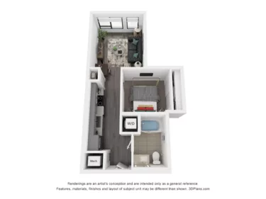 Rendering of the S2 floor plan with a Studio bedroom and 1 bathroom[s] at Rafferty