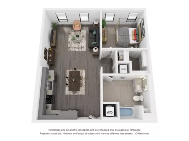 Rendering of the A9 floor plan with 1 bedroom[s] and 1 bathroom[s] at Rafferty