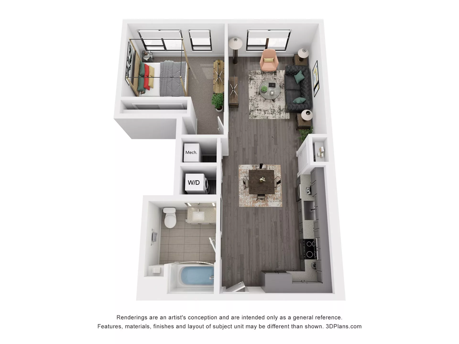 Rendering of the A4 floor plan with 1 bedroom[s] and 1 bathroom[s] at Rafferty