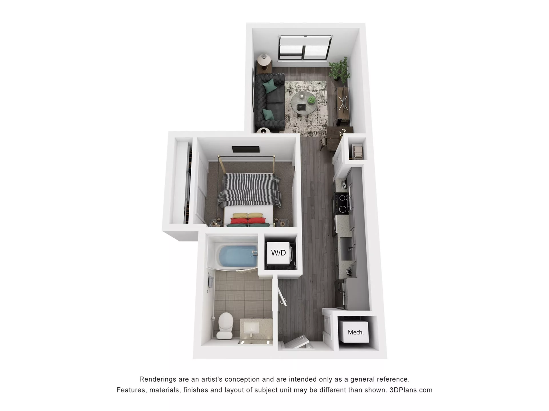 Rendering of the S1 floor plan with a Studio bedroom and 1 bathroom[s] at Rafferty