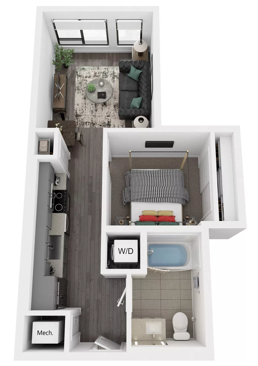 3D floor plan of a studio apartment with living room, kitchen, bedroom, and bathroom.