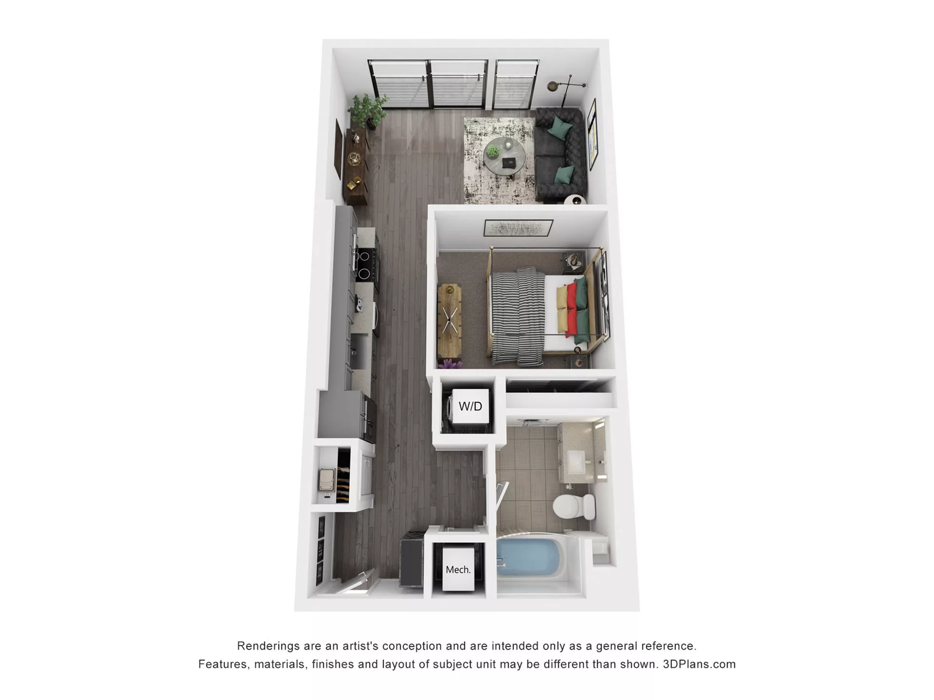 Rendering of the S6 floor plan with a Studio bedroom and 1 bathroom[s] at Rafferty