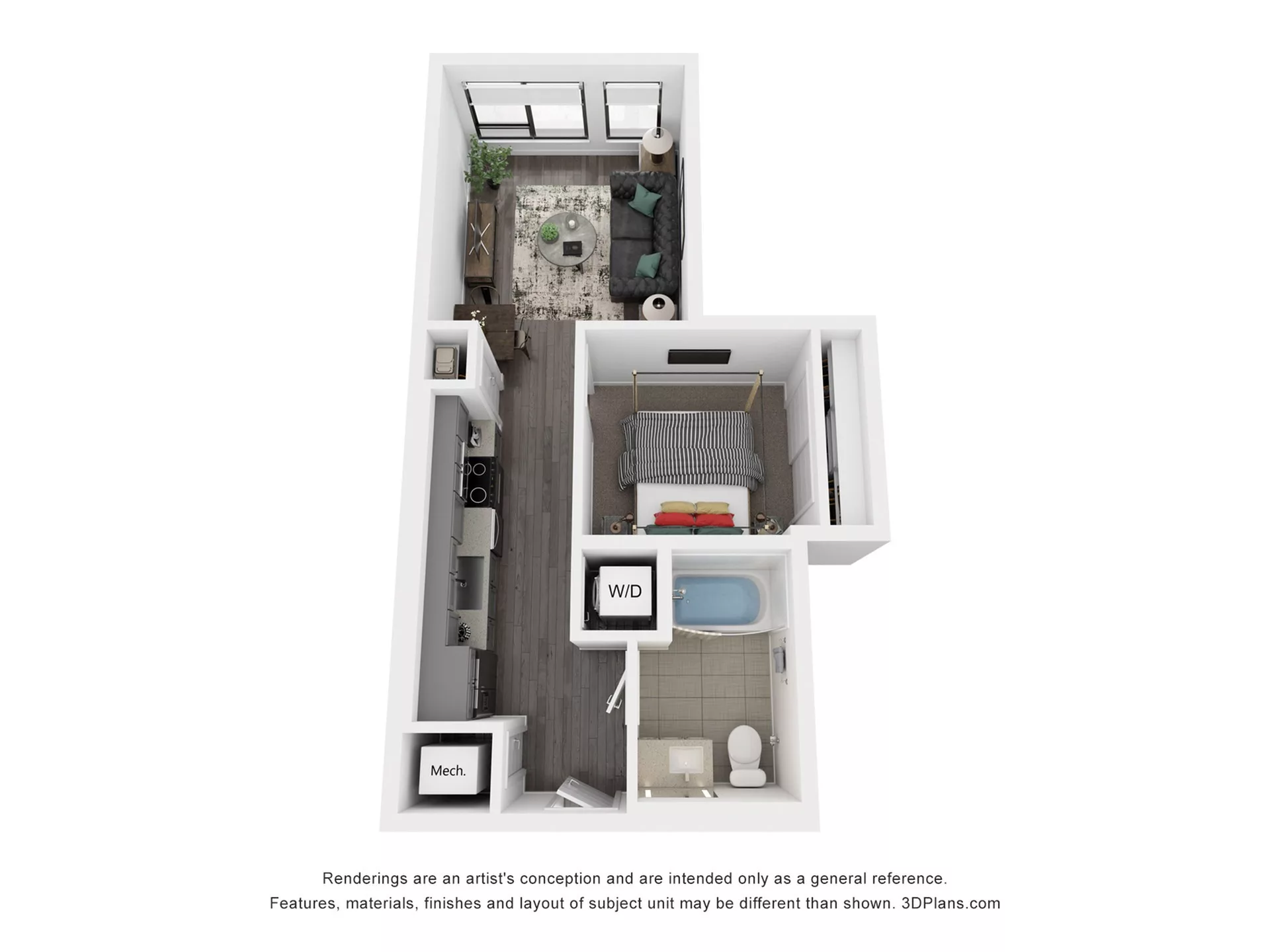 Rendering of the S2 floor plan with a Studio bedroom and 1 bathroom[s] at Rafferty