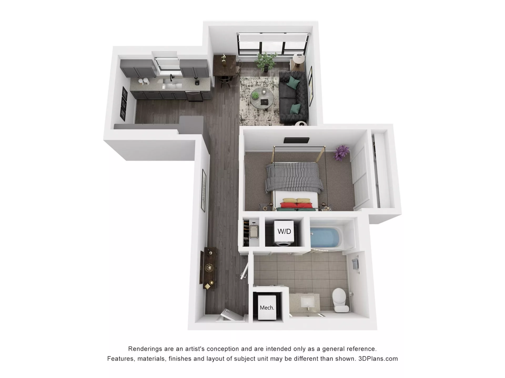 Rendering of the S7 floor plan with a Studio bedroom and 1 bathroom[s] at Rafferty