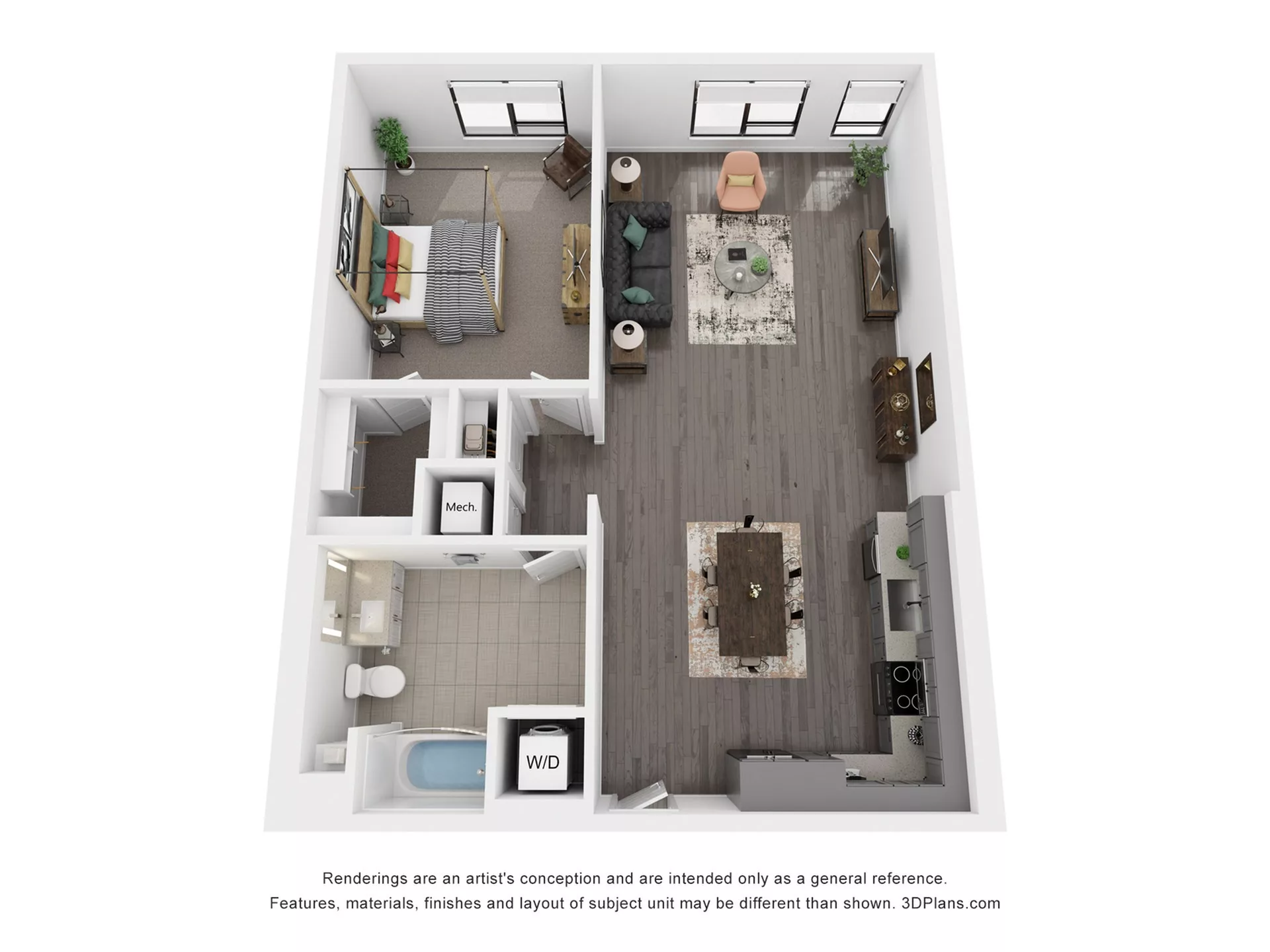 Rendering of the A16 floor plan with 1 bedroom[s] and 1 bathroom[s] at Rafferty