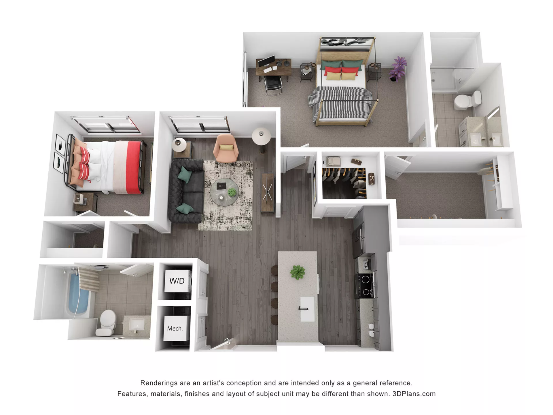 Rendering of the B7 floor plan with 2 bedroom[s] and 2 bathroom[s] at Rafferty