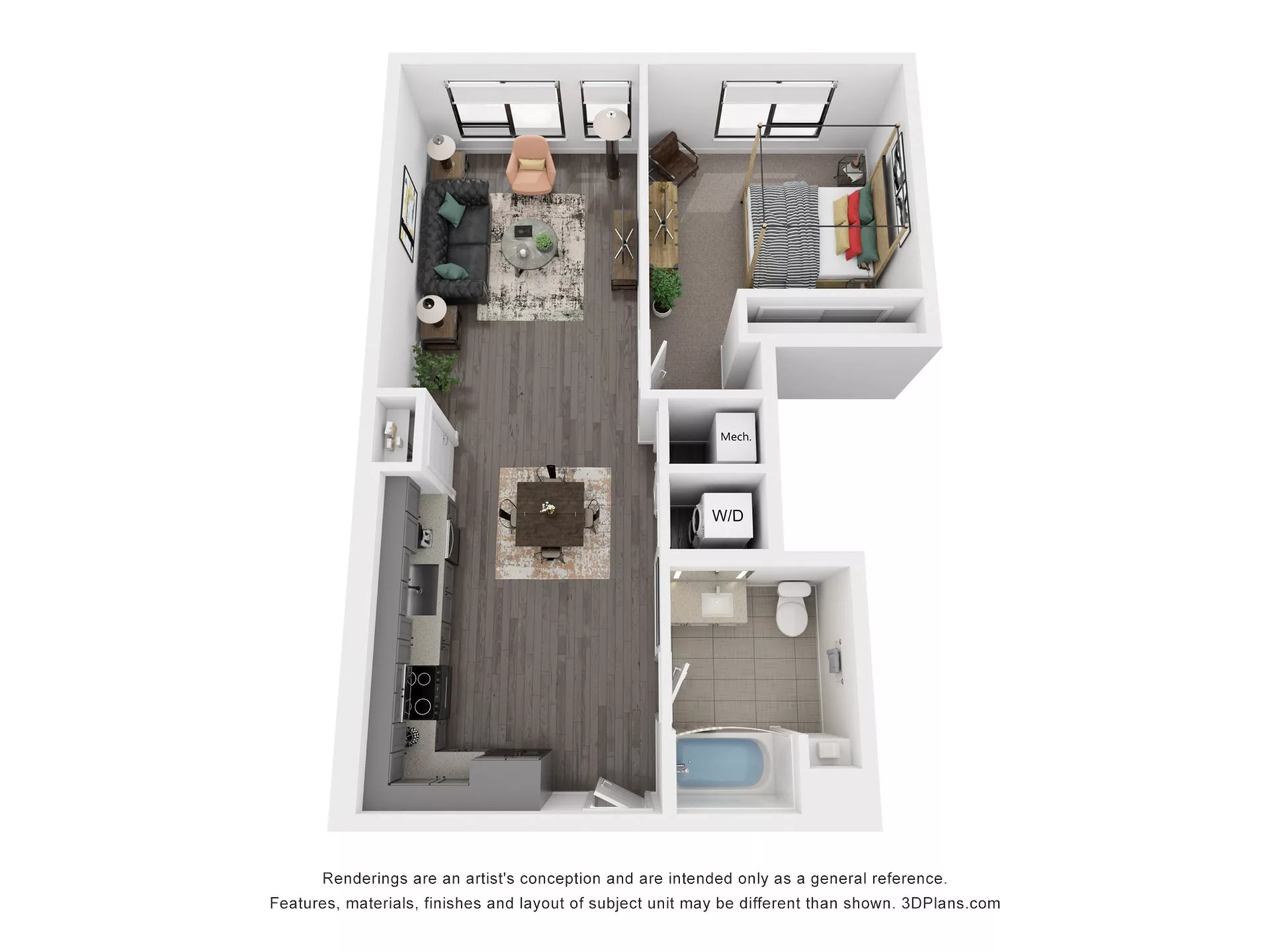 Rendering of the A6 floor plan with 1 bedroom[s] and 1 bathroom[s] at Rafferty